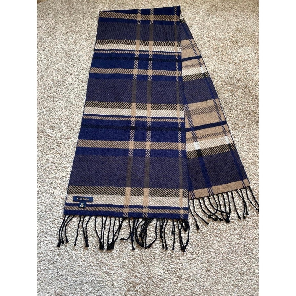 Club Room 100% Silk Scarf Navy Tartan Plaid Preppy Quiet Luxury Unisex